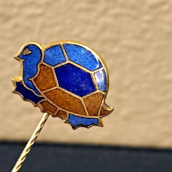 Vintage Gold Plated Turtle Stick Pin Blue & Brown Enamel - Picture 3 of 5